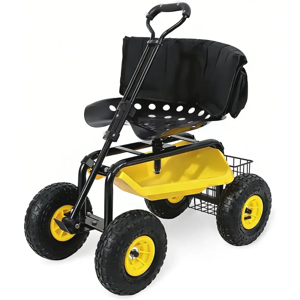 Heavy-Duty Garden Cart with Swivel Seat, Back Support, Adjustable Height, Tool Tray, All-Terrain Wheels, Supports Up to 440 lbs