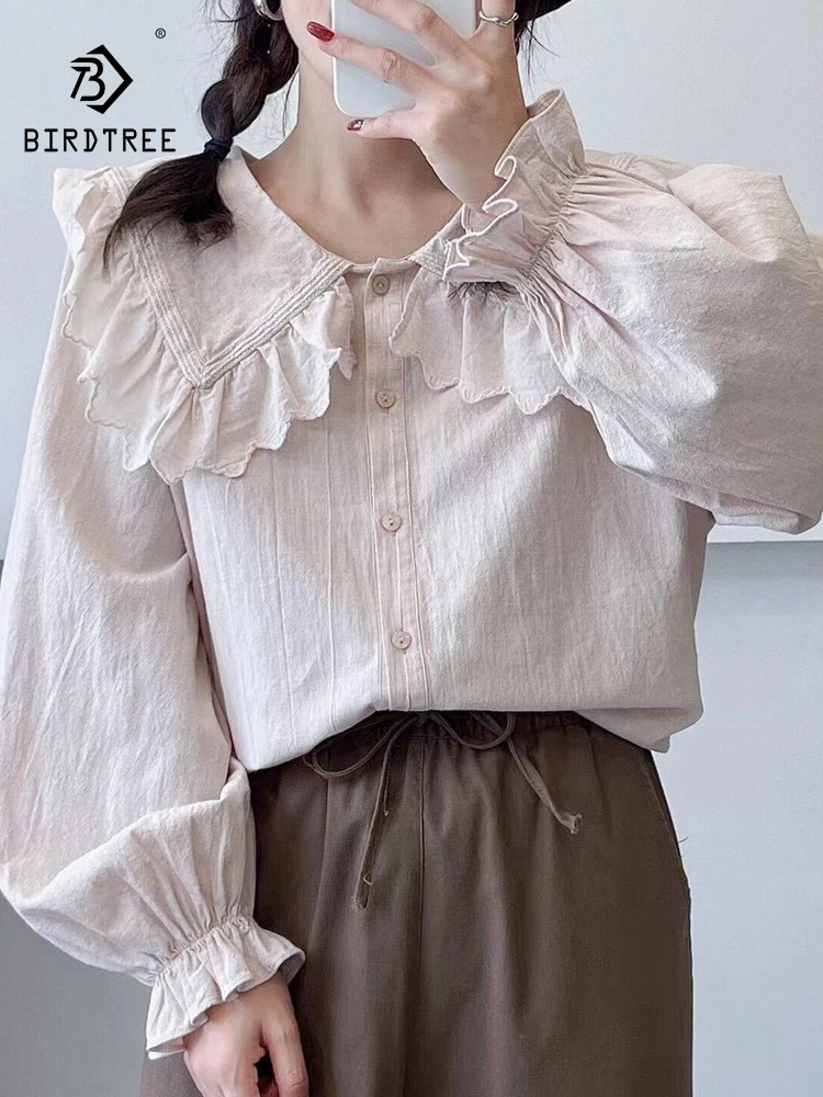 

New 2025 Autumn Cotton Long Sleeve Shirt, Women Peter Pan Collar Lace, Mori Girl Sweet Preppy Style Loose Doll Blouse T5O588CC