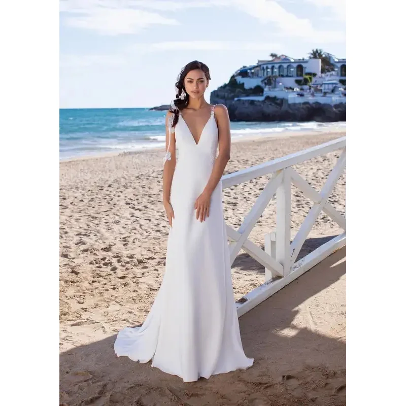 

Modern V Neck Simple 2026 Wedding Dresses Flower Sexy Lace Open Back Backless Beach Bridal Gown Customized MCDV