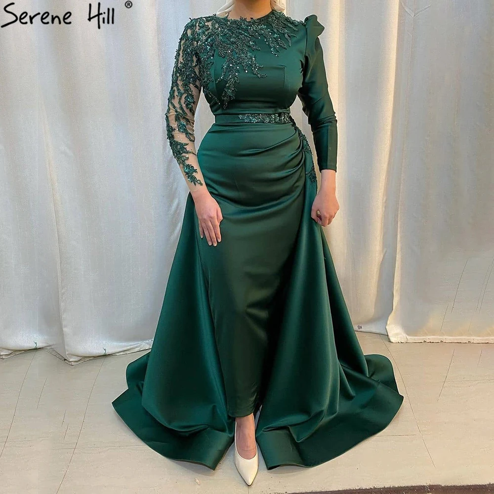 Serene Hill Muslim Green Mermaid Satin Evening Dresses Gowns 2024   Beaded  LA71124 Customized