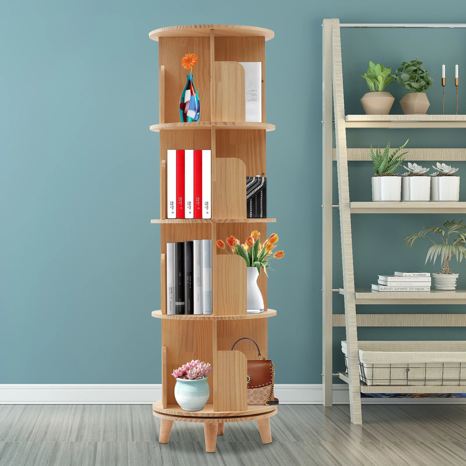 4 Tiers Rotating Swivel Bookshelf Display Shelf Wood Cylindrical Bookshelf Tool