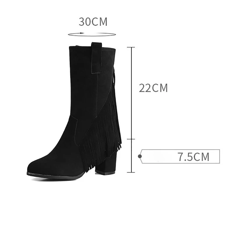 SIMLOVEYO 2024 Women Boots Fringe Flock Round Toe Block Heels 7.5cm 50 51 52 Vintage Fashion Mid Calf Bota