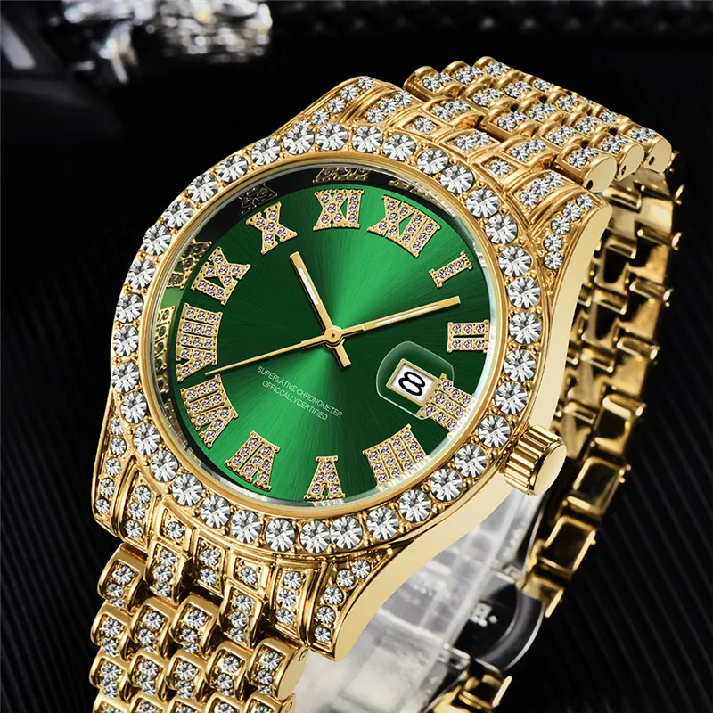 1 stk/partij Grote Merk Horloges Voor Mannen Hip Hop Diamond Luxe Gouden Mode Legering Band Datum Quartz Horloge Montres de Marque de Luxe