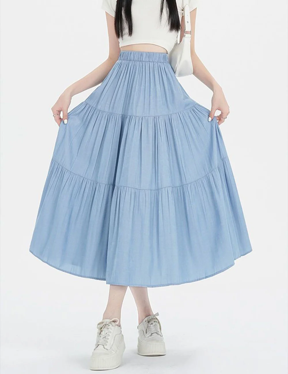 

Fashion Vintage Loose Chic Skirts Women's Summer Ice Cool Denim Color Spliced A-line Skirt Tencel Big Swing Long Thin Skirt