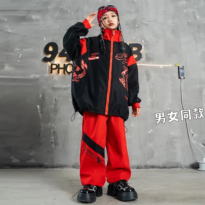

COSda@Girls Hip Hop Clothing Chinese Dragon Print Top Red Street Jogger Pants for Boys Kids Jazz Dance Costume SuitCOSda@