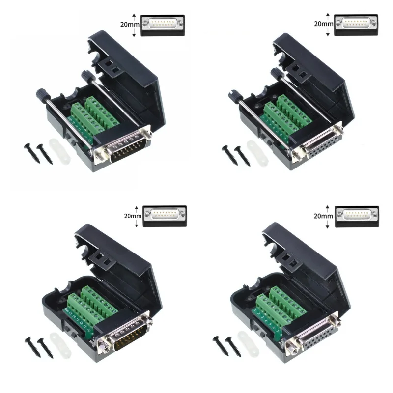 DB15 Connectors D-SUB Female Male 2 Row 15 Pin Plug Breakout Terminals Board Connector Screw Nut Type Black Plastic Cover