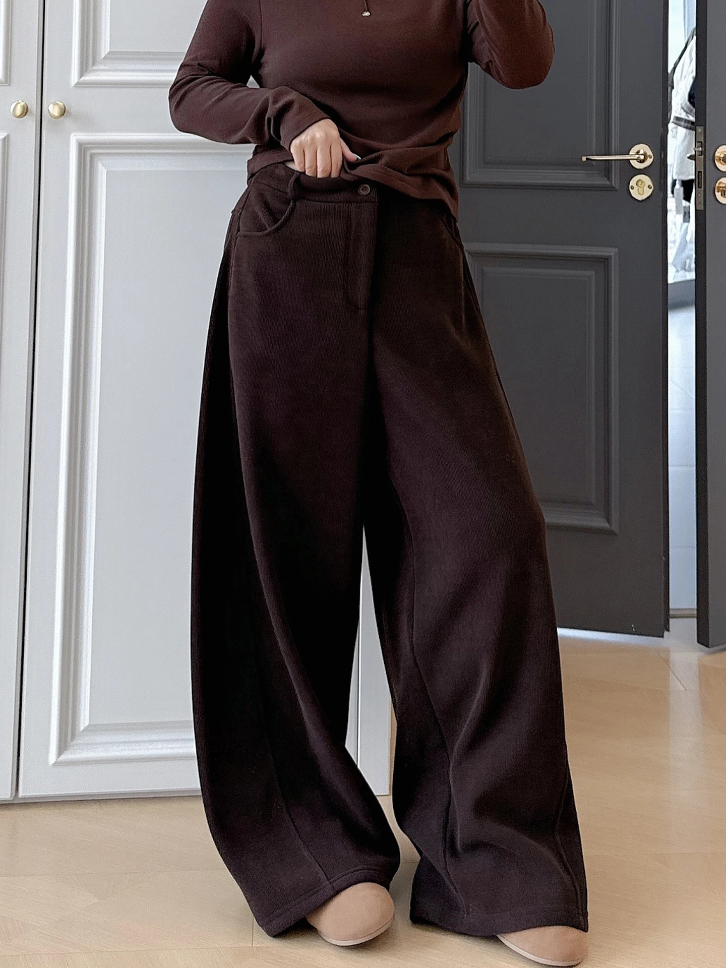 

Женские повседневные брюки больших размеров с высокой талией, на флисовой подкладке, широкие, универсальные, в пол, для полных женщин