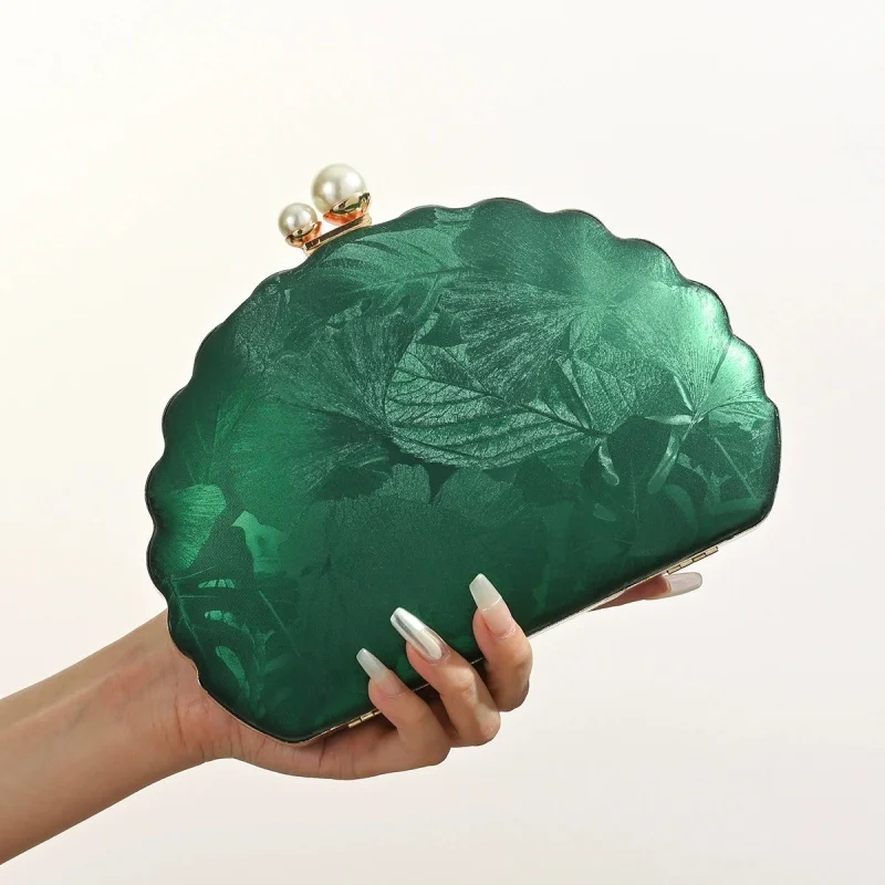 Chinese Style Shell Dinner Bag for Women Fairy Embossed Ginkgo Printed Satin Evening Clutch for Cheongsam Wedding Party Handbags