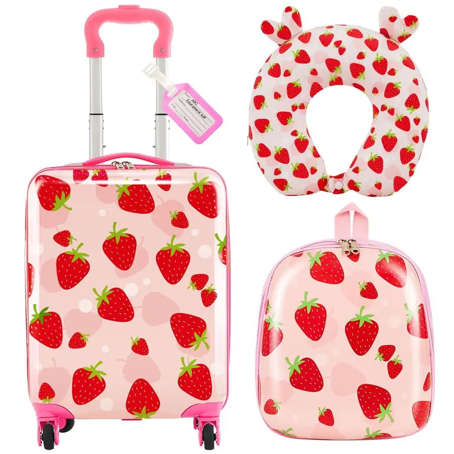 

Pcs Kids Luggage Set Backpack Travel Rolling Suitcase Ushape Pillow Christmas Children Gift for Girls Boys17 Inch,Strawberry Sty