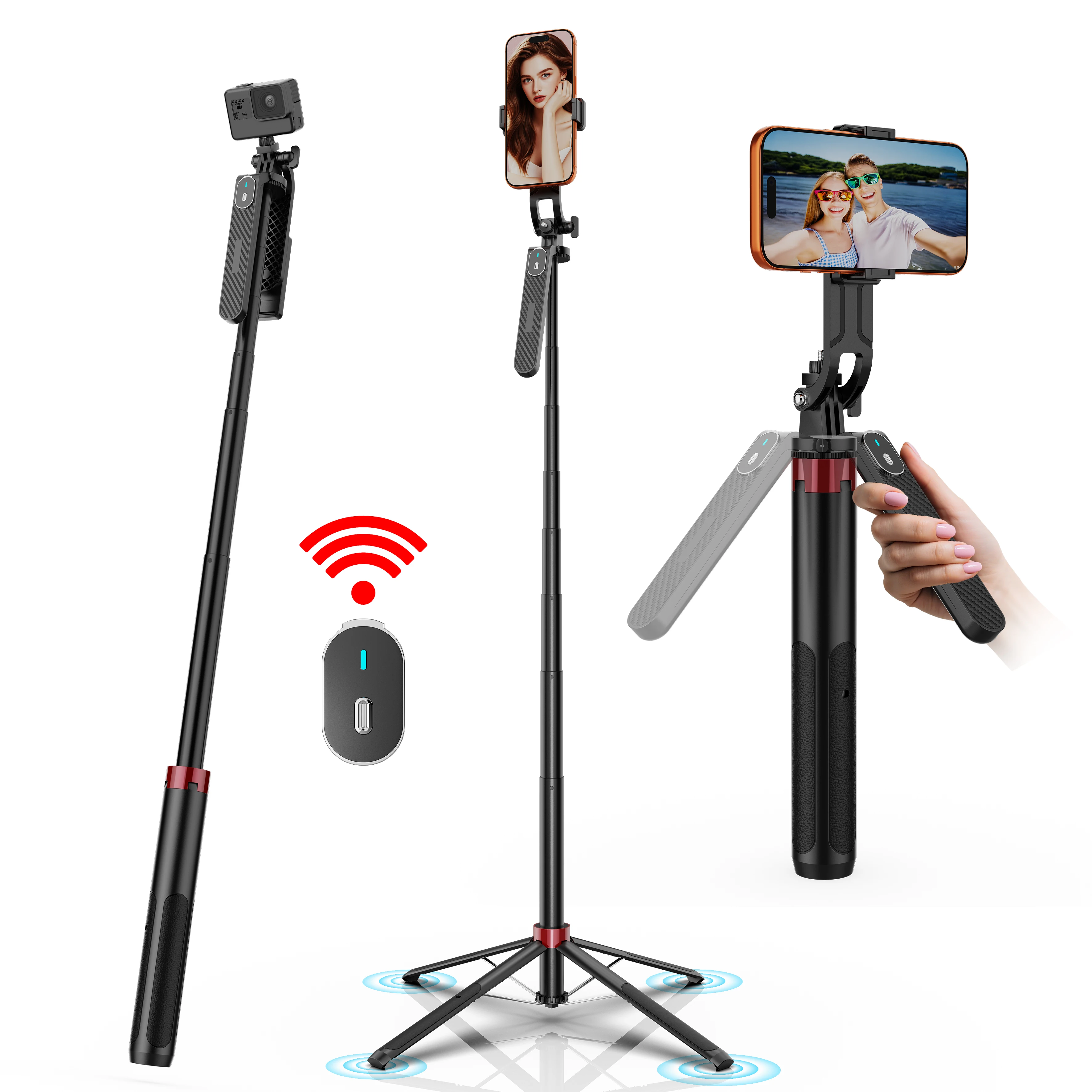 NeePho Travel Light & Capture Panoramas, Télécommande Bluetooth, Trépied portable stable à 4 pieds, Perche à selfie NP-P185PLUS