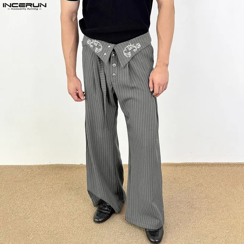 

INCERUN Men Pants Striped Embroidery High Waist Joggers Wide Leg Trousers Men Streetwear Joggers Loose Fashion Causal Long Pants