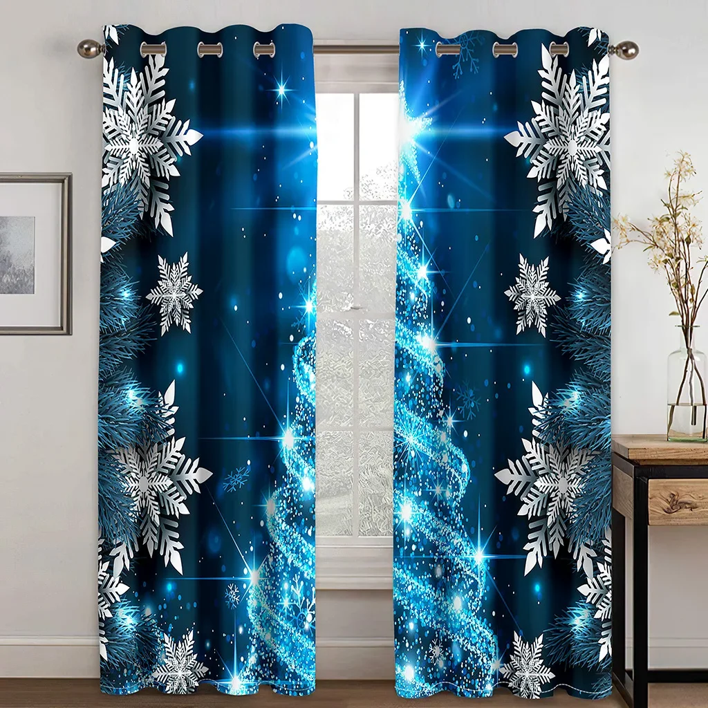 Blue Snowflake Christmas tree Happy New Year Two Drape Thin Window Curtains for Living Room Bedroom Decor 2 Pieces Free Shipping