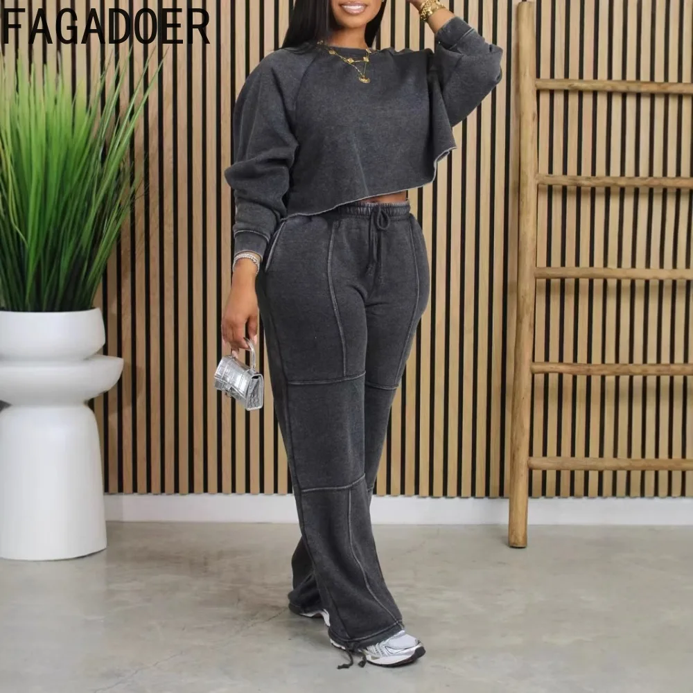 FAGADOER High Quality Water Washing Womens 2 Piece Outfit Set Casual Long Sleeves Crop Top + Drawstring Patchwork Pants Suit New