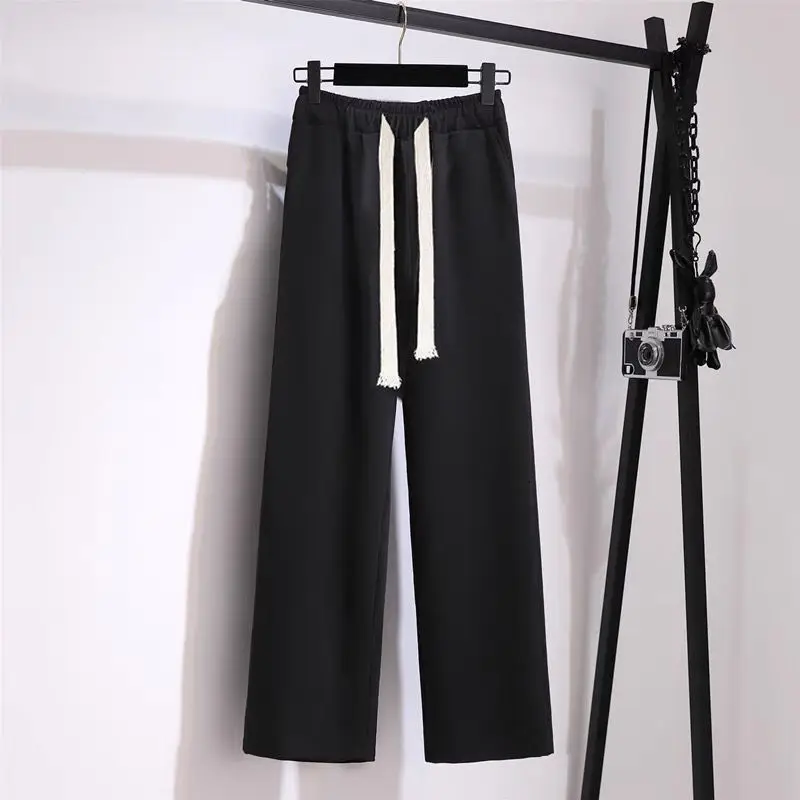 Vintage Decrescent Spring and Autumn Striped POLO Neck Knitted Long-sleeved T-shirt Casual Wide Leg Pants Two-piece Suit