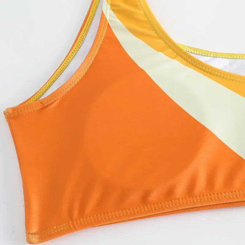 Traje de baño de retazos naranja para mujer, Bikini de 2 piezas de cintura alta, traje de baño sexy sin espalda con un solo hombro, con acolchado, traje de baño para playa