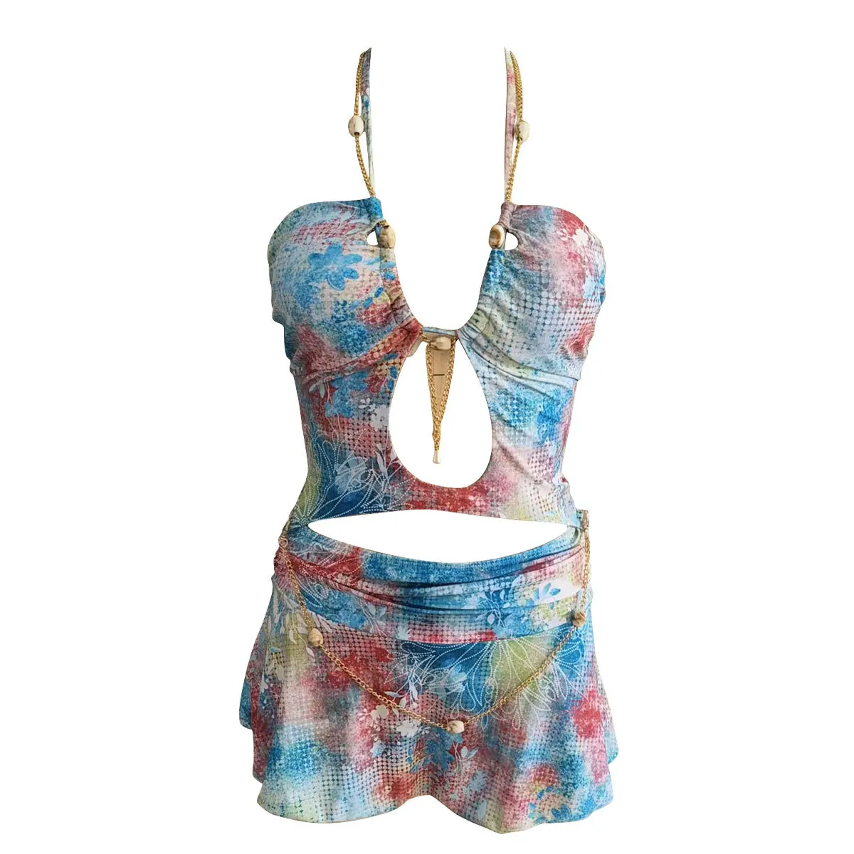 

2025 New High Quality Elegant Two Piece Swimsuit And Skirt Print Halter Lace-up Women Bikini Set Swimwear Party Bathing Suit