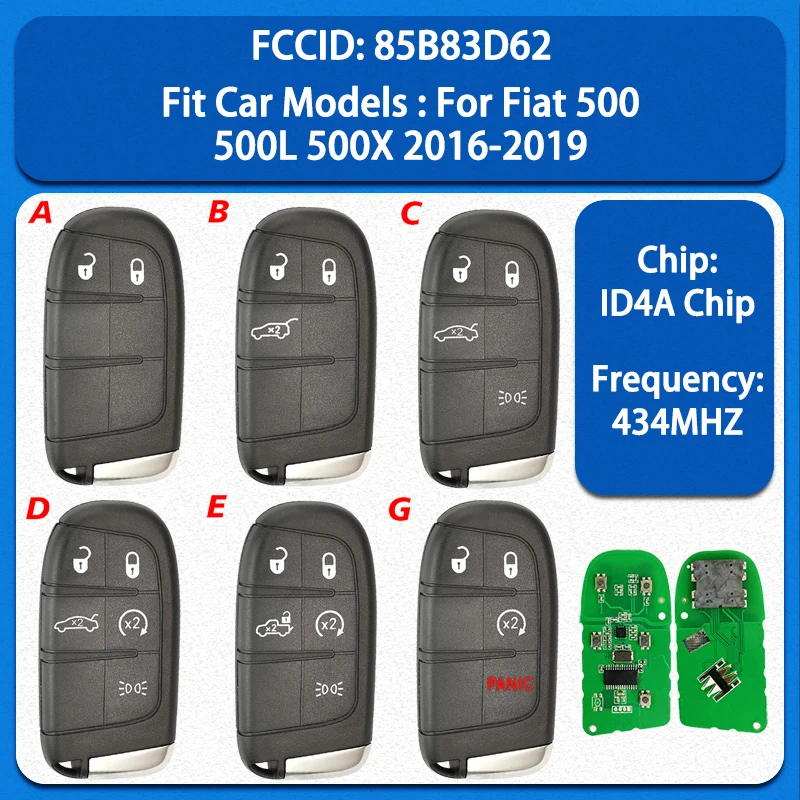 

CN017029 Aftermarket 2/3/4/5 Buttons Smart Remote Key FCC 85B83D62 4A Chip 434MHz Keyless Go For Fiat 500 500L 500X 2016-2019