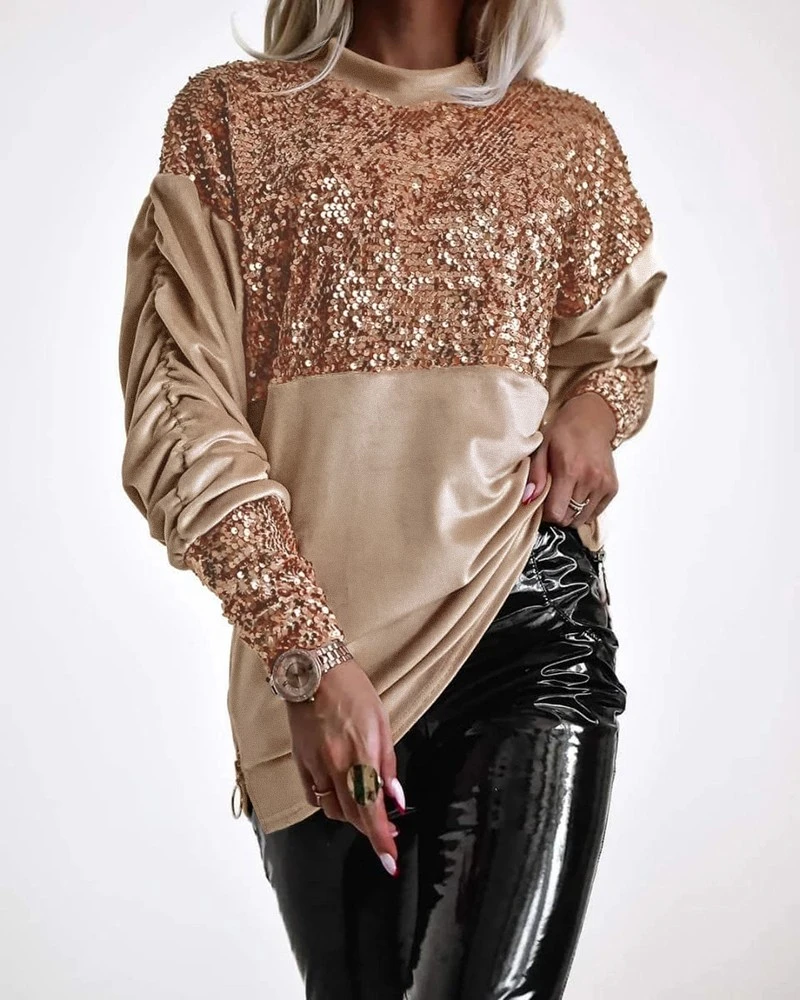 Sweats & Hoodies for Women Velvet Contrast Leopard Sequin Patch Crewneck Sweatshirt Ruched Long Sleeve Zipper Slit Pullover Top