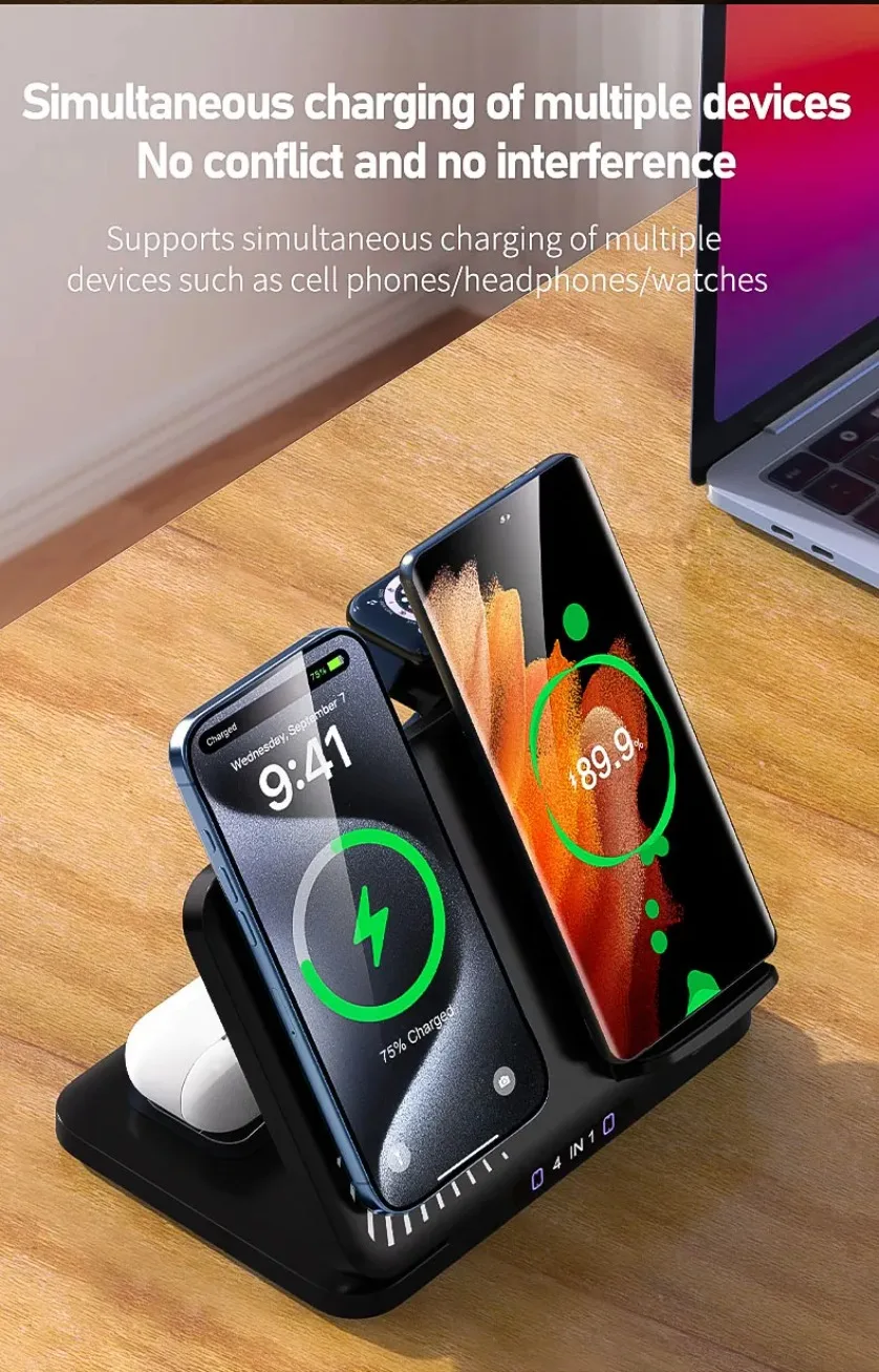 4-in-1 Dual-Handy-Ladestation für iPhone 17~12, Samsung S25, Xiaomi, Airpods Pro, Apple Watch 11~2, Magnetisches Schnellladen – Detail 4