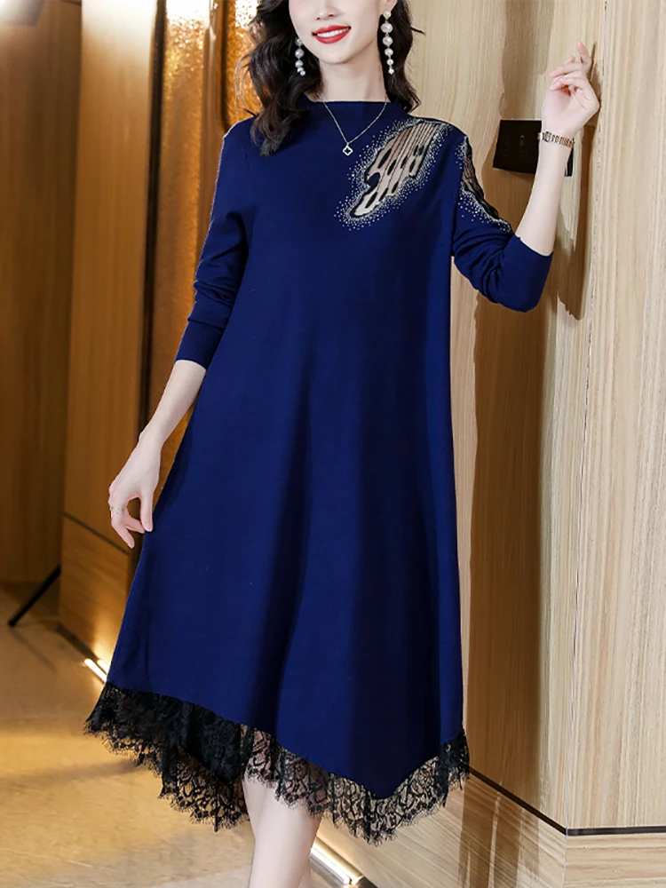 Women Blue Knitted Cotton Patchowrk Lace Midi Dress 2024 New Fashion Chic Sweater Dress Autumn Winter Korean Vintage Vestidos