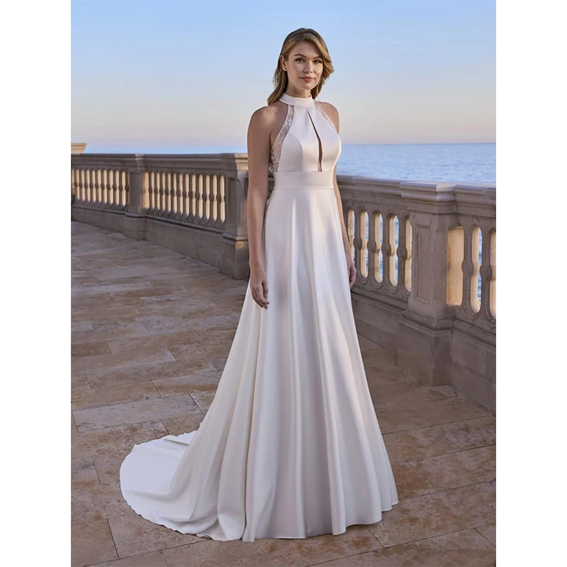 Off The Shoulder Wedding Dress Bride Fully Satin A-Line Floor Length Bride O-Neck Sleeveless Ballgown Backless Robe MariéE Satin