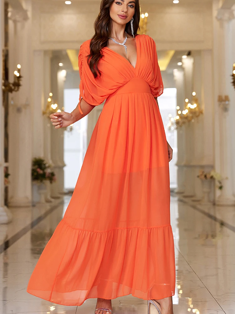 Orange Evening Wedding Party Dresses V-Neck Sexy Tulle Long Dress For Dancing Parties Prom Gown Summer Beach Vestidos L128