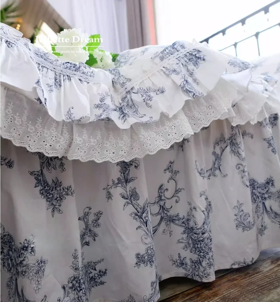 European Style Cotton Bedding Set Elegant Ruffled Lace Design Duvet Cover Bed Sheet with Skirt Quilt Cover Set with Pillowcase