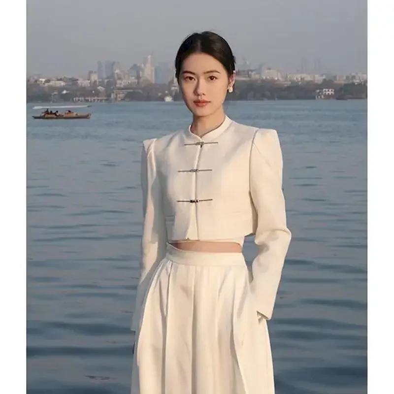 Lnsozkdg Newest Fashion Designer Suit Set Women Chinese Style National Wind Coil Buckle Blazer Pleated Loose Pants 2pcs
