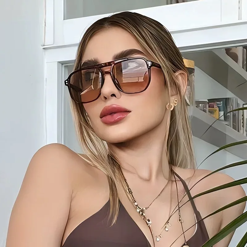 Retro Aviation Brown Sunglasses Men Women Oversized Pilot Rivets Glasses UV400 Summer Sun Glasses Vintage Big Eyeglasses
