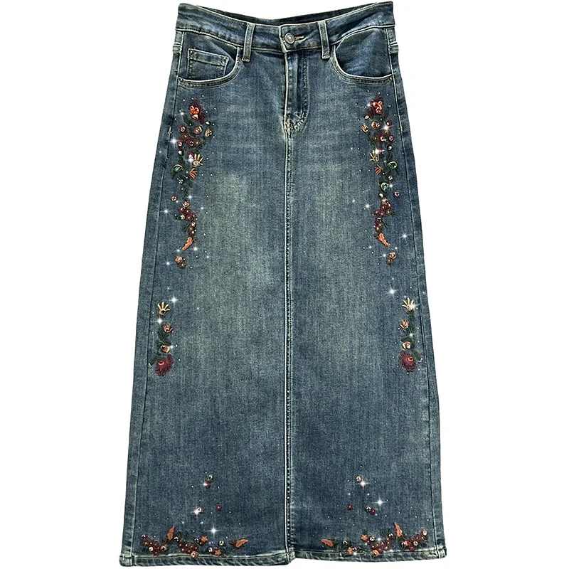 Denim Skirt Women\'s 2023 Winter Clothes New Fashion High Waist Loose Slimming Embroidered Hot Rhinestone Mid-Length Skirt S-5XL