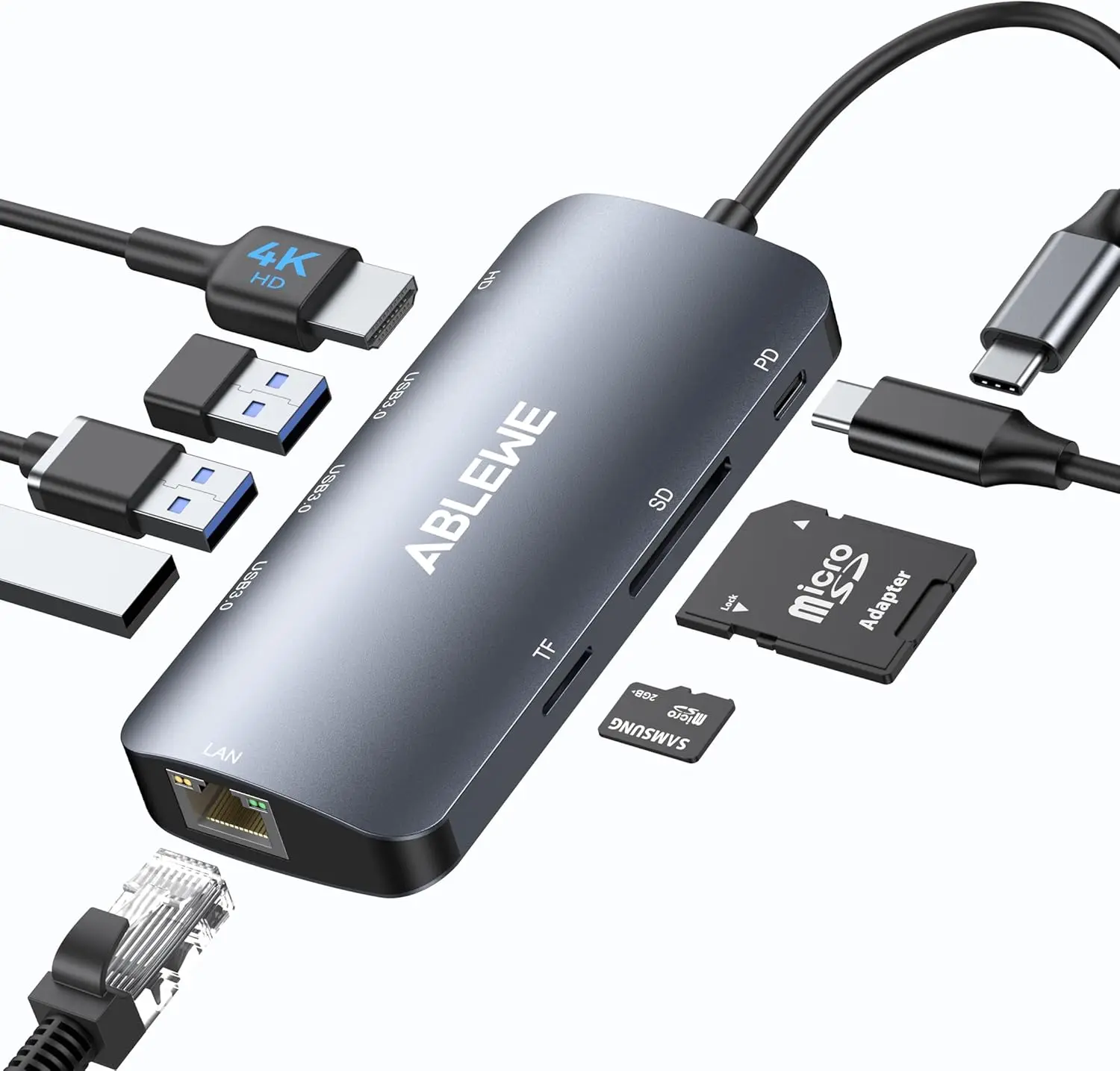 

USB C Hub Ethernet 8-in-1: 4K@60Hz HDMI, 1000Mbps, 100W PD, 3 USB 3.0, for MacBook, Tablet, Phone