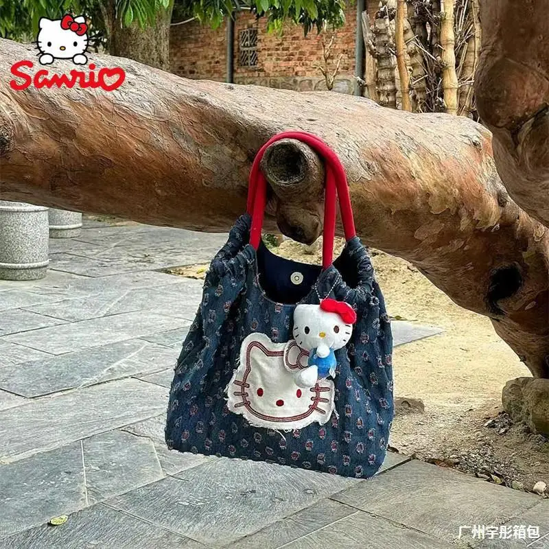 

2024 New Kawaii Hello Kitty Retro Denim Patch Handbag Cute Large Capacity Personality Versatile Tote Bag Birthday Gift for Girl