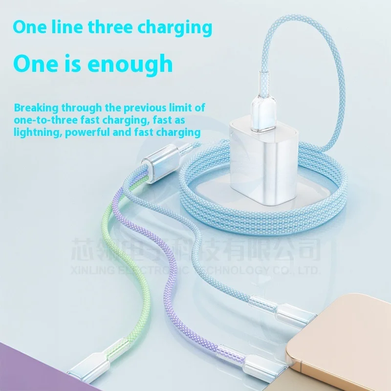 كابل بيانات متنقل ثلاثة في واحد منسوج متدرج اللون بقدرة 120 وات مناسب لكابل شحن سريع Huawei applee Dual Type-C