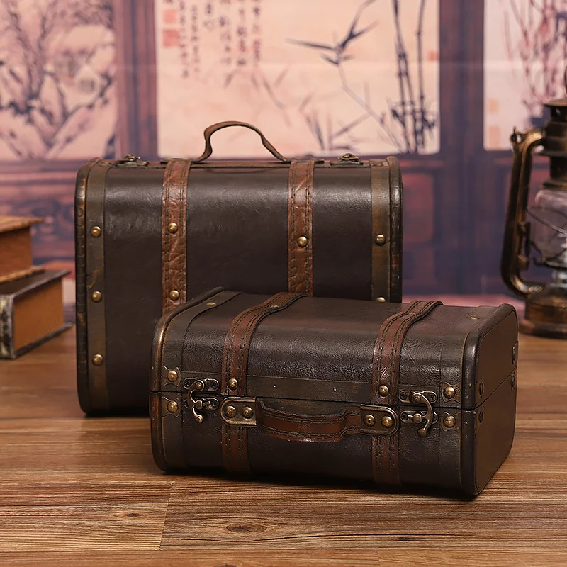 

Large Vintage Leather Handheld Box Photoaphy Props Storage Case Wooden Box Organizer for Clothes Accories And Personal I...