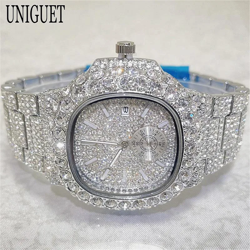 UNIGUET Hip Hop Iced Watch For Men Luxury Stainless Steel Quartz Watches Fashion  Diamonds Jewelry Wristwatch Man 2024 Hot Sell