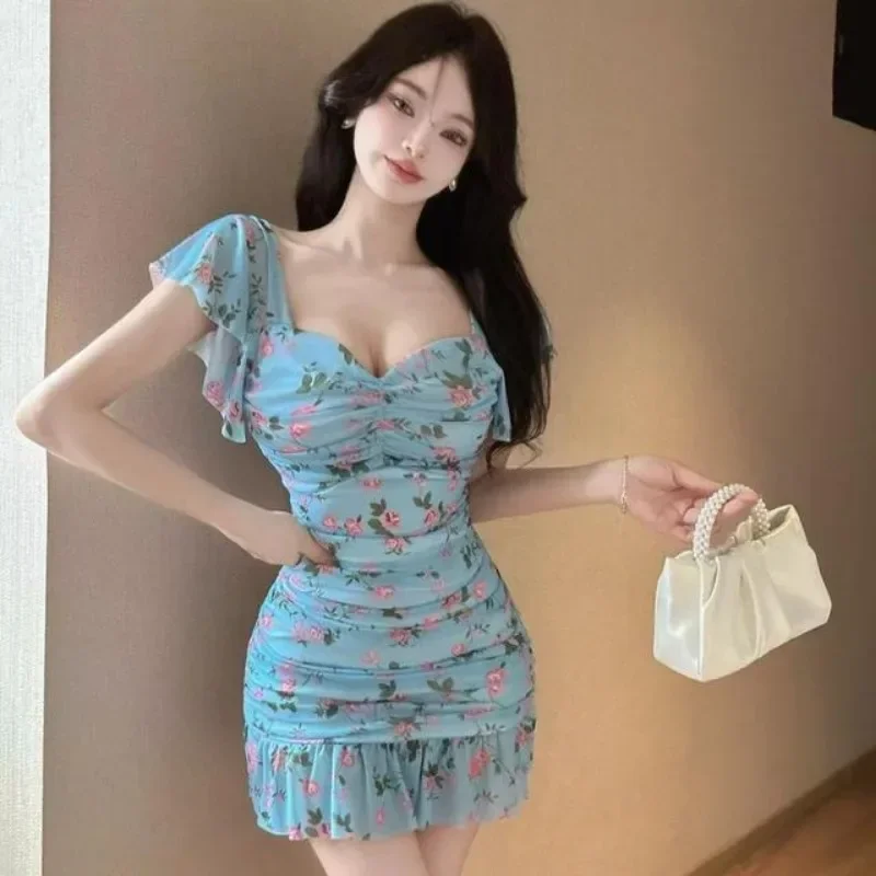 Impressão floral mini vestidos primavera verão sexy babados pescoço quadrado vestidos mujer moda coreana bodycon vestido feminino