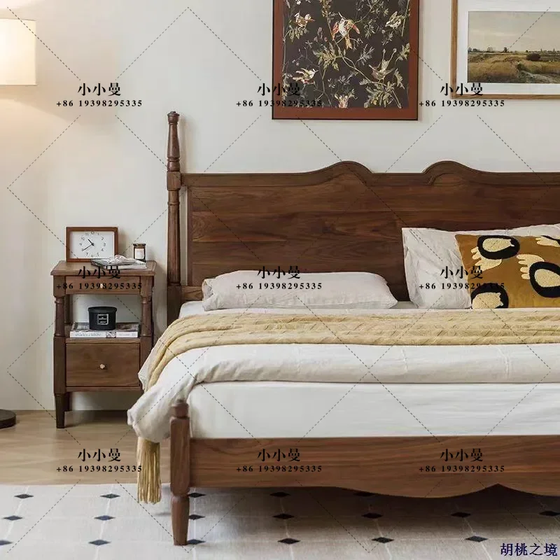 Black Walnut Solid Wood Bed 1.8m Retro American Style Log Double Bed for Master Bedroom Wedding Wabi Sabi Aesthetic Furniture