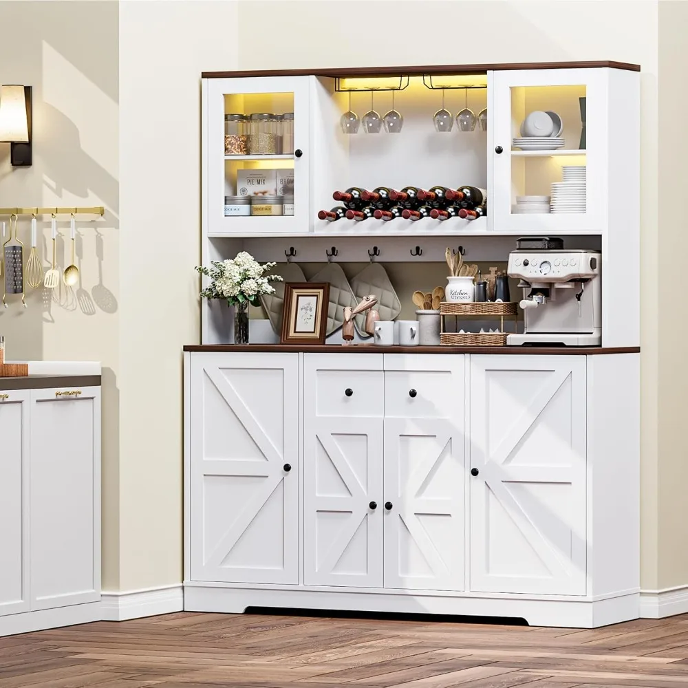 

68" Tall Kitchen Pantry Storage Cabinet with Charging Station, 55" Wide Kitchen Hutch Cabinet with Large, Customized
