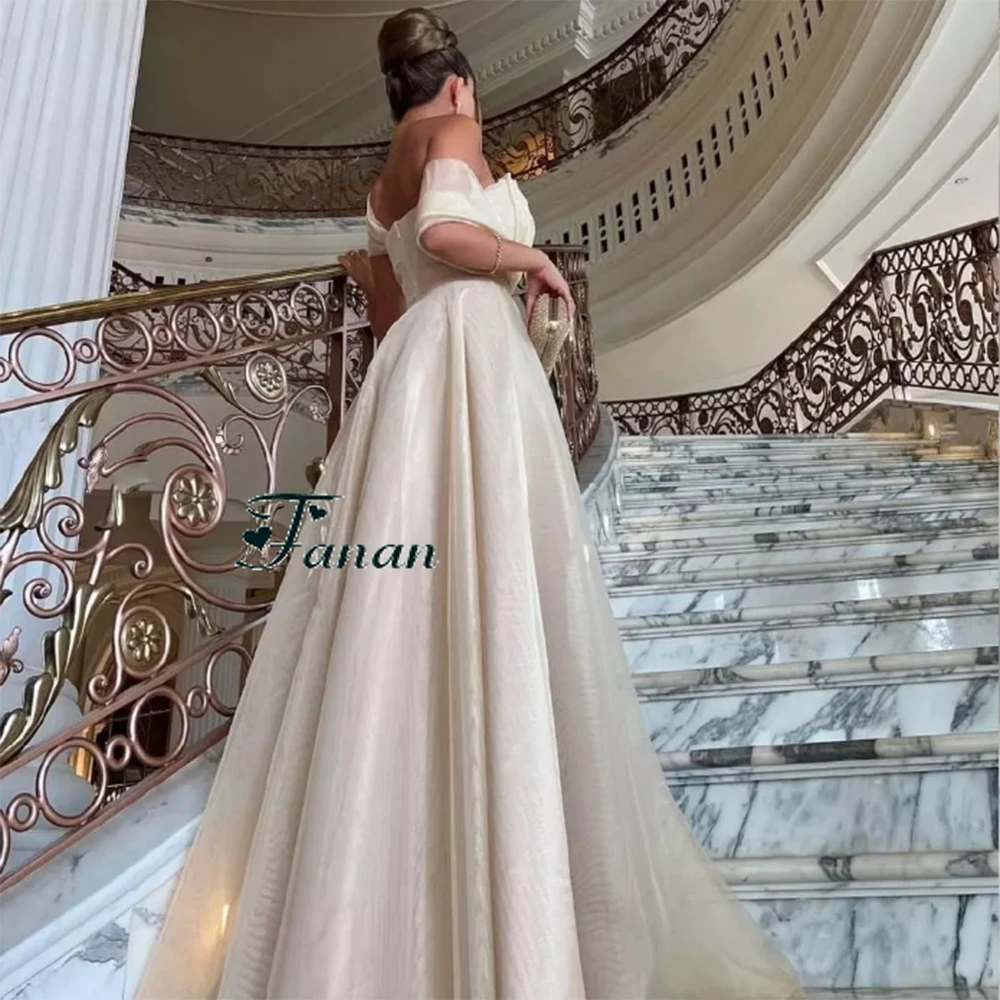 Customized Strapless Champange Tulle Draped Evening Dress Off the Shoulder Sexy Backless A-line Floor Length Pageant Party Gowns