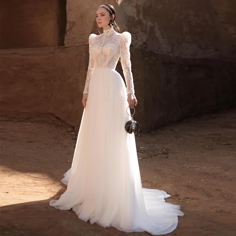 แขนยาวชุดแต่งงานสายคอที่กําหนดเองเจ้าสาว Grown Applique ลูกไม้ Tulle ภาพลวงตาซิป Vestido de novia