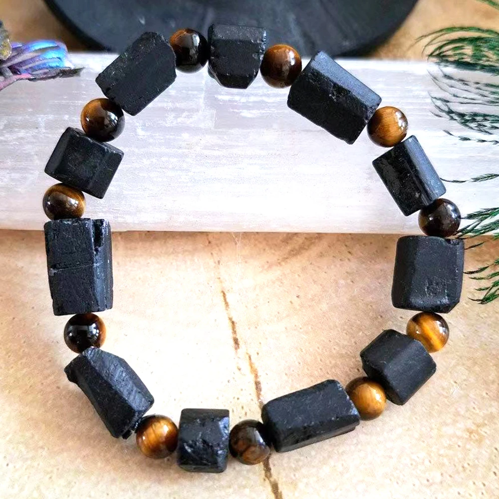 MG2059 6 MM Tiger Eye Raw Black Tourmaline Bracelet Wrist Energy Protection Mala Mens Birthday Gift