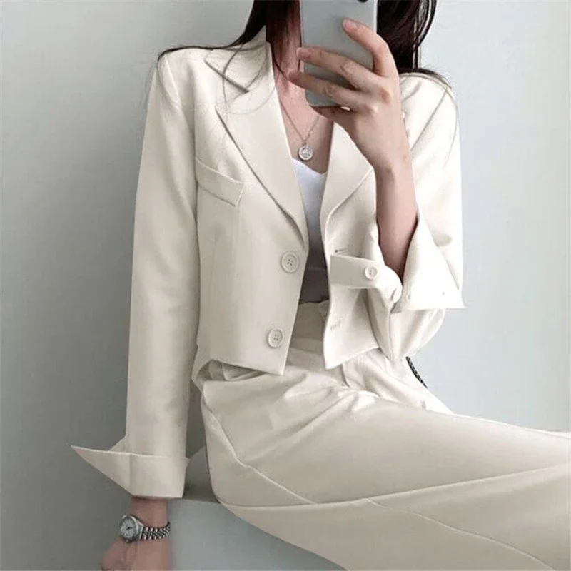 Cropped Suit Jacket Women Fashion Simple Long Sleeve Solid Elegant Korean Basic Outwear White Suit Blazer Button Tops Trousers