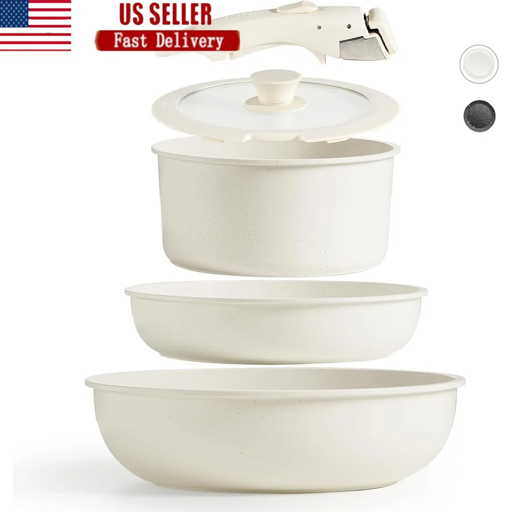 

Nonstick Cookware Set Pots Pans Removable Handle Stackable Kitchenware Versatile Oven Safe Induction Compatible Granite Nonstick