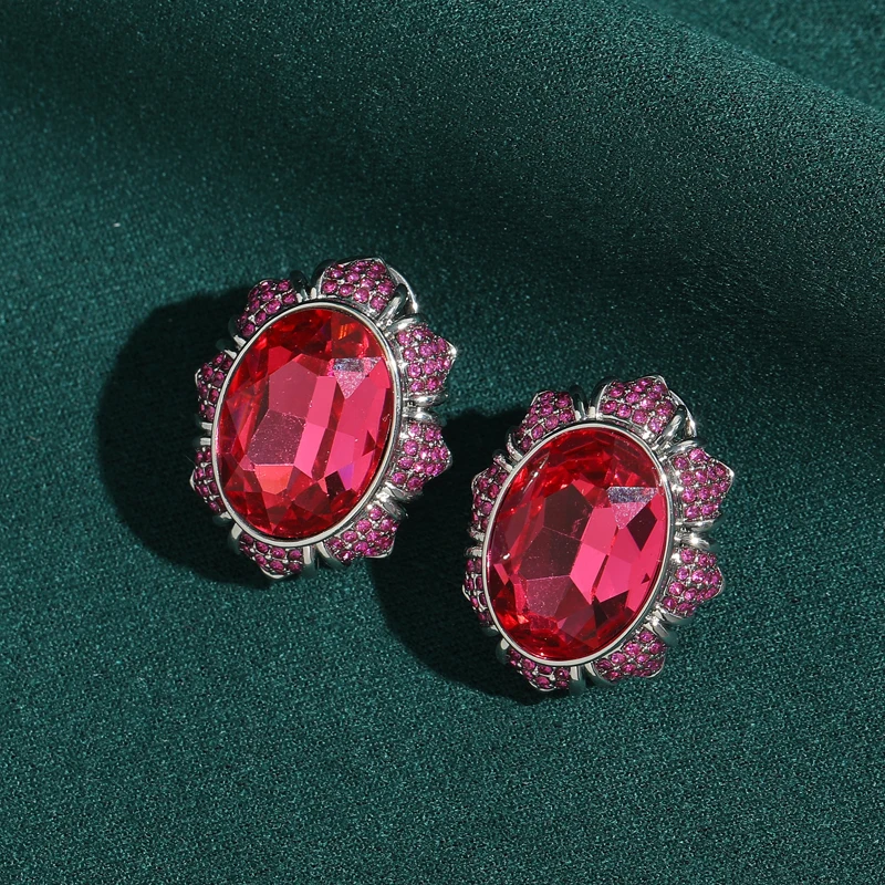 

Vintage Oval Crystal Pink Earring Woman Silver Color Rhinestone Retro Wedding Elegant Party Accessories Trending 2026 New