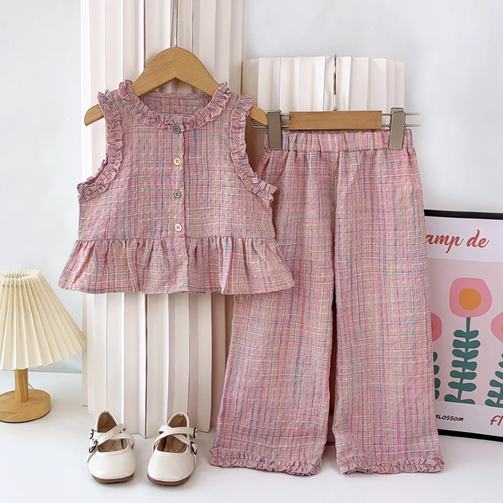 Pink Girl's Summer Two-piece Set with Single Breasted Sleeveless Top and Casual Pants, New Children's Sets Kids Clothes