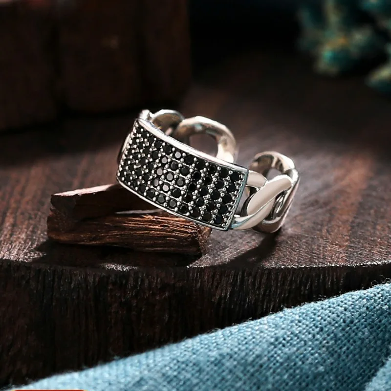 Vintage Checkered Black Obsidian Ring, Retro Hong Kong Style, Luxury Fashion, Adjustable Open Band