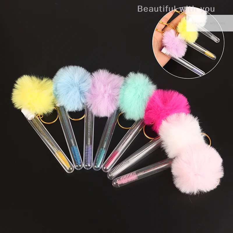 Brosse à cils en tube avec porte-clés doré, boule de pompons en fourrure moelleuse, extension de cils, pinceau de maquillage, peigne pour les yeux, outils de beauté, 1PC