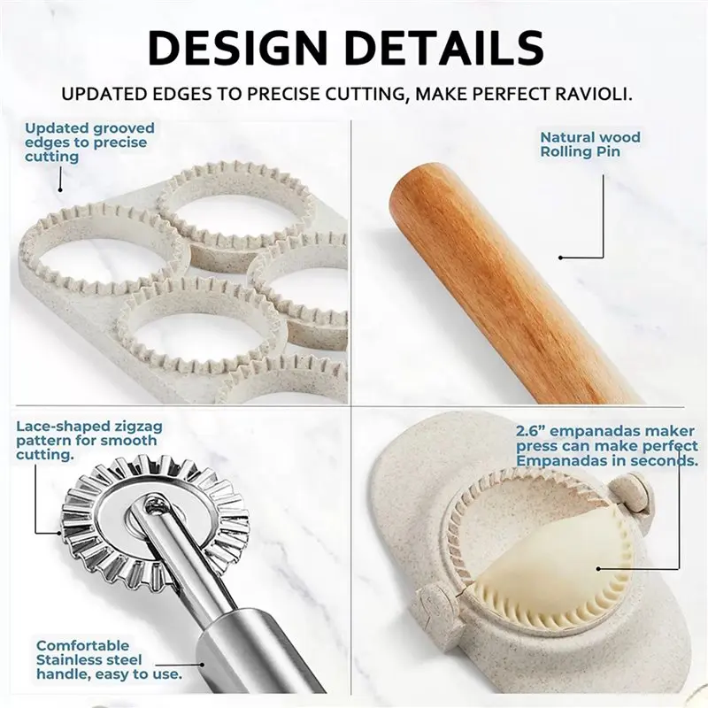 Ravioli Cutter Wheel& Rolling Pin Set Includes Ravioli Maker Press 8-Hole Round Mold And Empanada Maker