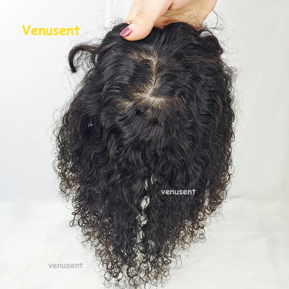 15x16CM jedwabna skóra baza ludzki włos Topper Virgin peruwiański Remy Scalp Top klipy w włosy peruka z Bangs kręcone treski