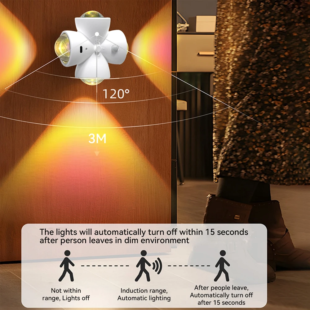 USB Smart Motion Sensor Novelty Lamp 4 Side Lighting 3 Modes Wall-Mounted Atmosphere Lamp for Bedroom Halloween Christmas Decor